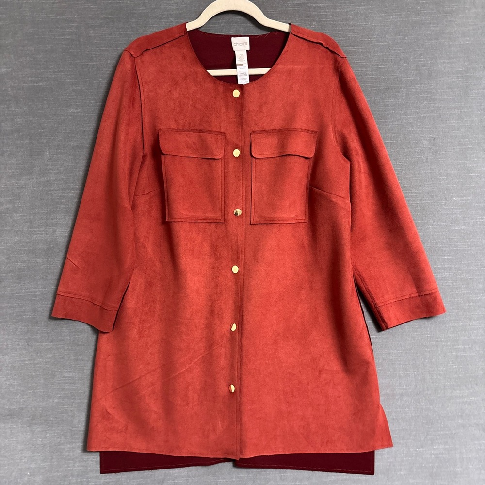 Chicos Jacket 2 Red Faux Suede Longline Blazer Classic Bold Layer Career Casual